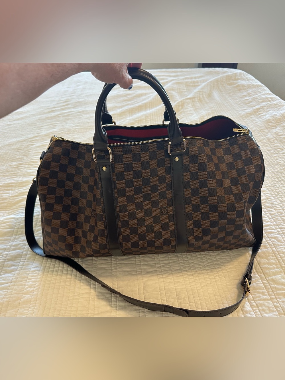 Brown Checkered Leather-Trim Duffel Bag